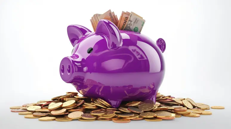 Overflowing purple piggy bank symbolizing expert money management small business support solutions