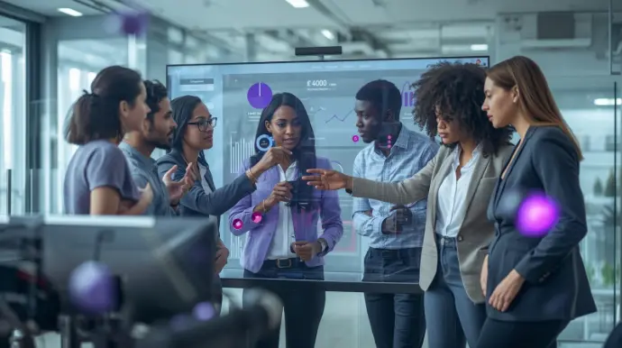 Team collaborating digital dashboard effective project coordination support