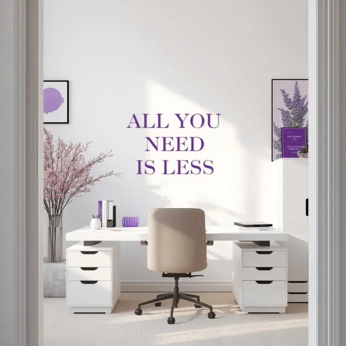 Organized office with ALL YOU NEED IS LESS in purple conveying simplicity operational efficiency